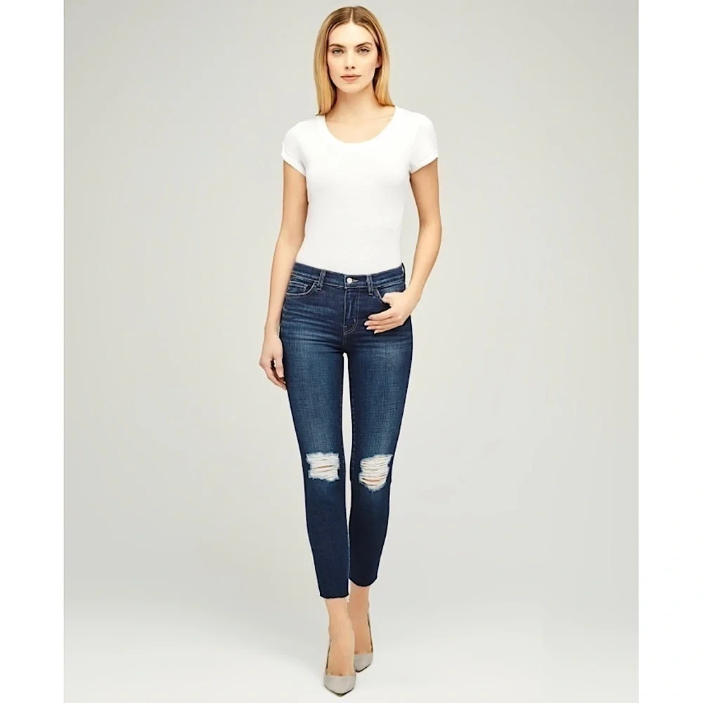 NWT L’AGENCE Distressed Ripped Knee Denim Ankle Crop Raw Hem French Slim Jean 25